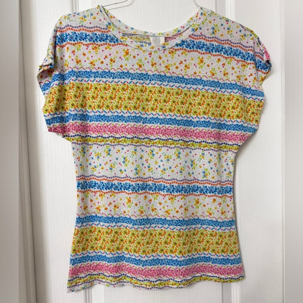 Cleek short dolman sleeved tee colorful multistriped floral blue yellow pink L